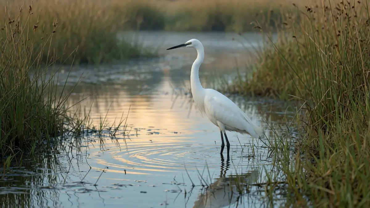 Une aigrette blanche immobile dans un marais au lever du jour.