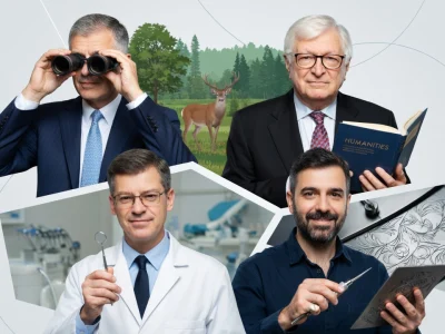 Cette image montre Alain Durand sous les traits de quatre hommes exerçant des métiers différents