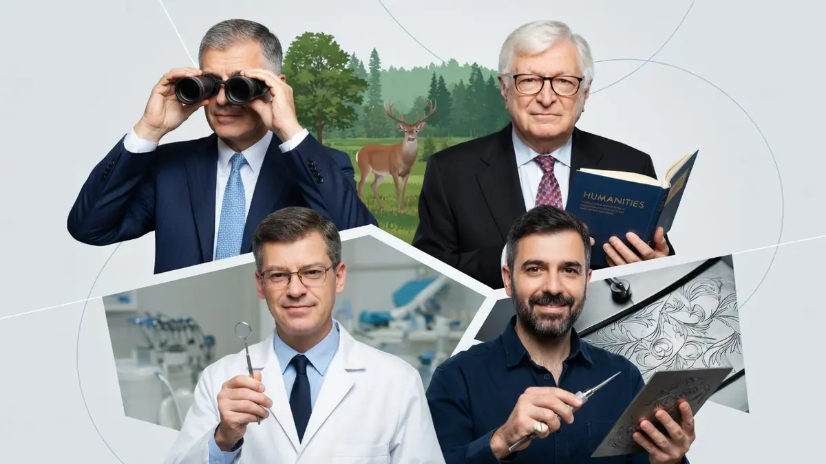 Cette image montre Alain Durand sous les traits de quatre hommes exerçant des métiers différents