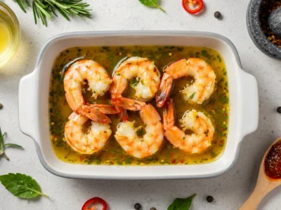 Des crevettes dans une marinade pour crevette entourée d'herbes et épices