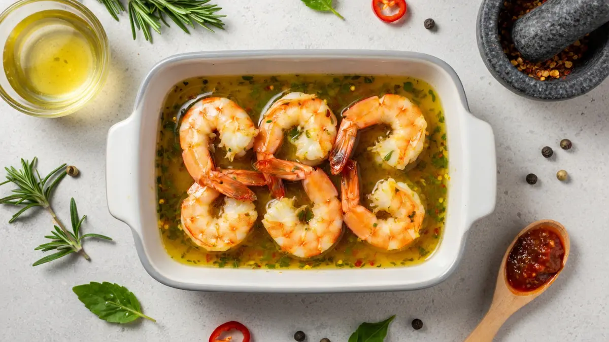 Des crevettes dans une marinade pour crevette entourée d'herbes et épices