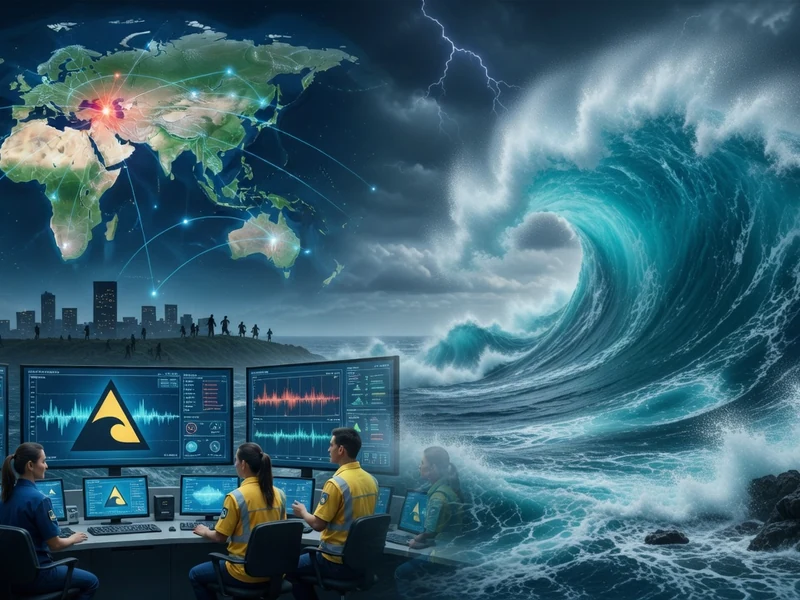 Experts en centre de surveillance observant une alerte tsunami accompagnée d'une vague déferlante