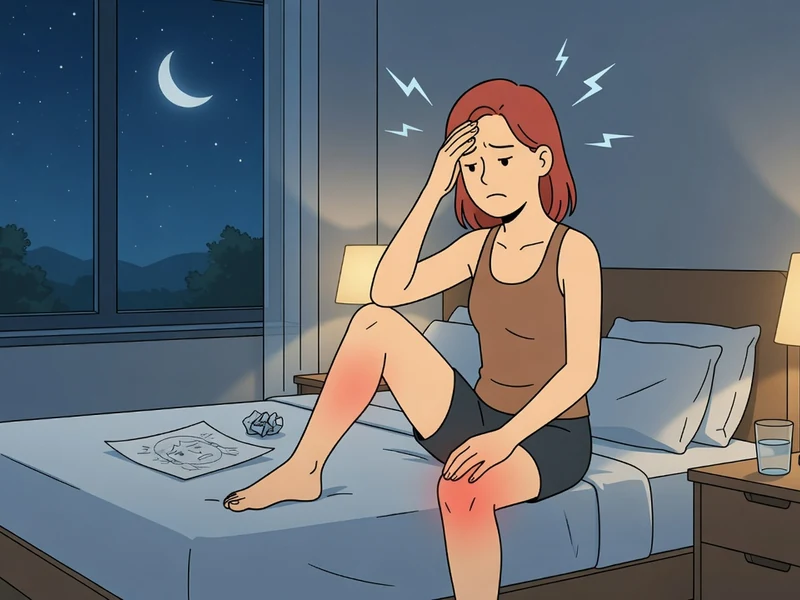 Une femme assise sur son lit la nuit tenant sa tête et sa jambe douloureuses illustrant les symptômes du manque de magnésium