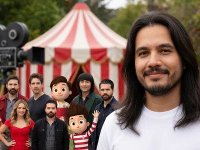 Alexandre Nguyen pose au premier plan devant un décor de cirque entouré de divers personnages et d'une caméra ancienne