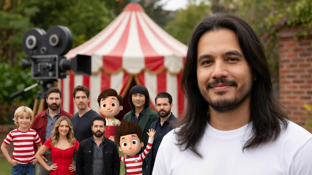 Alexandre Nguyen pose au premier plan devant un décor de cirque entouré de divers personnages et d'une caméra ancienne