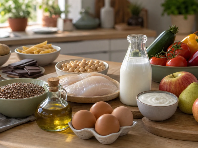 Composition d'aliments pauvres en cadmium avec oeufs, lentilles, poisson blanc, lait et fruits frais sur une table de cuisine.