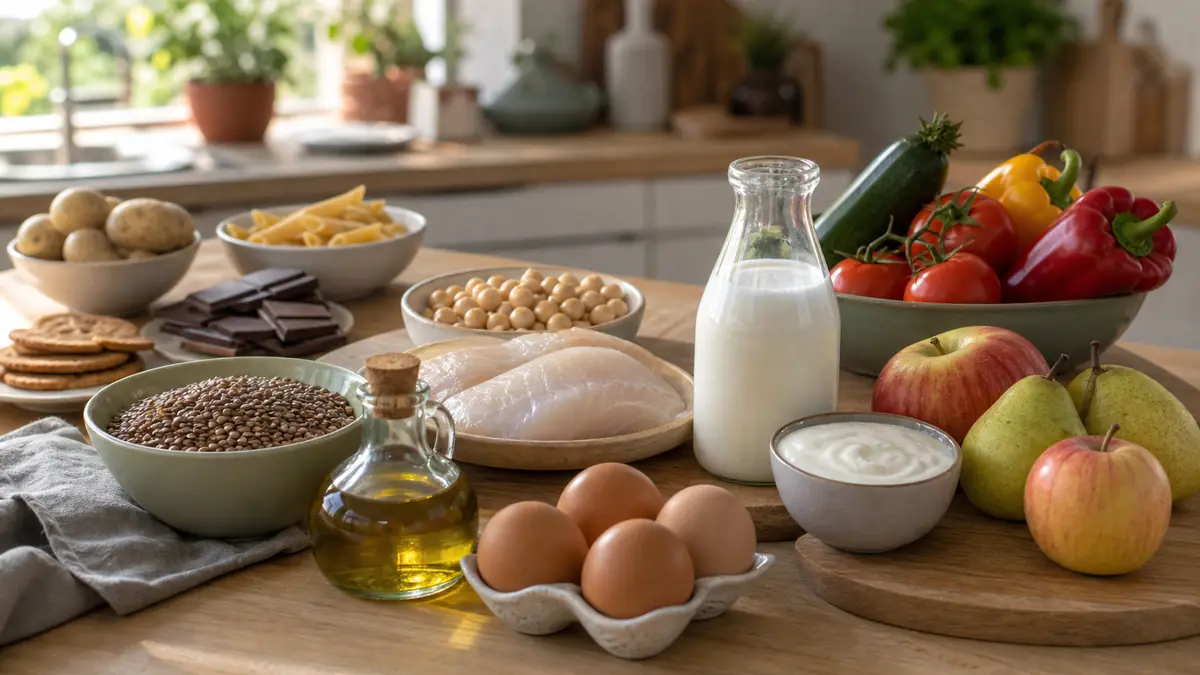 Composition d'aliments pauvres en cadmium avec oeufs, lentilles, poisson blanc, lait et fruits frais sur une table de cuisine.
