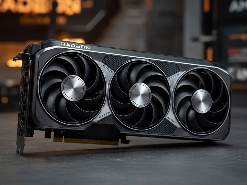 La carte graphique RX 9070 XT est posée sur une surface sombre pour mettre en avant son design à trois ventilateurs