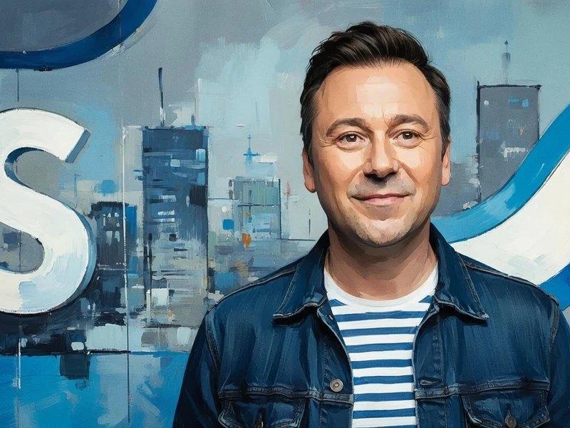 Portrait souriant de l'acteur Andy Cocq portant une veste en jean sur un t-shirt rayé devant un fond peint