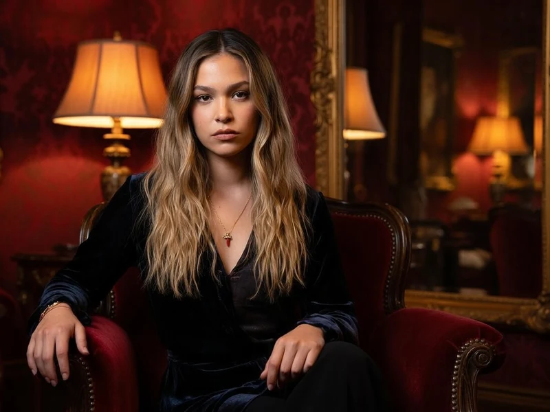 Anja Verderosa pose avec élégance dans un fauteuil rouge au sein d'une pièce à la décoration classique et feutrée