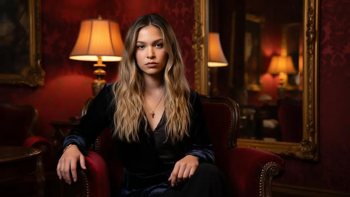 Anja Verderosa pose avec élégance dans un fauteuil rouge au sein d'une pièce à la décoration classique et feutrée
