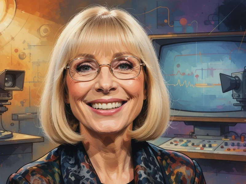 Anne Lefébure sourit devant un écran de télévision et des caméras anciennes