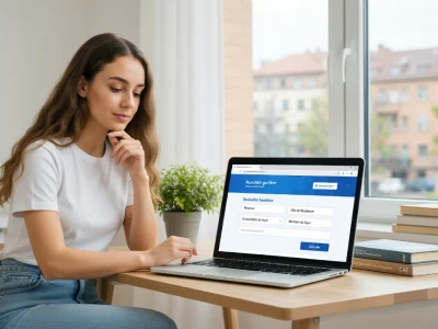 Une jeune femme réalise une simulation pour aide au logement sur son ordinateur portable