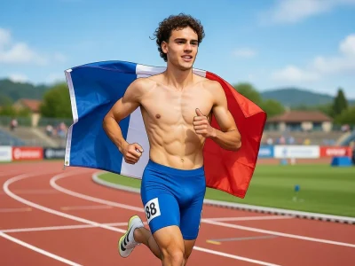 Antoine Ferranti court torse nu avec le drapeau français sur la piste d'athlétisme