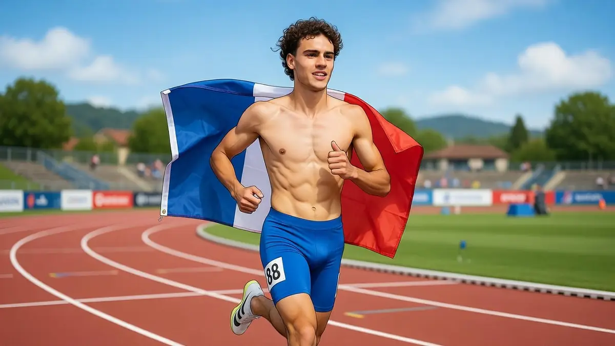 Antoine Ferranti court torse nu avec le drapeau français sur la piste d'athlétisme