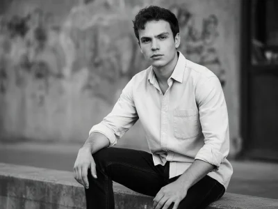Portrait en noir et blanc de l'artiste Antoine Simony assis sur un muret dans un environnement urbain