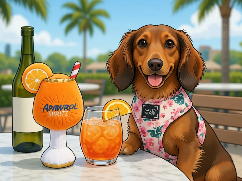 Un adorable teckel pose à côté d'un Apawrol Spritz sur une terrasse