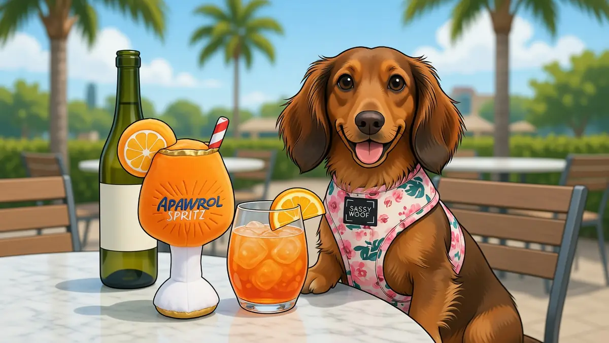 Un adorable teckel pose à côté d'un Apawrol Spritz sur une terrasse