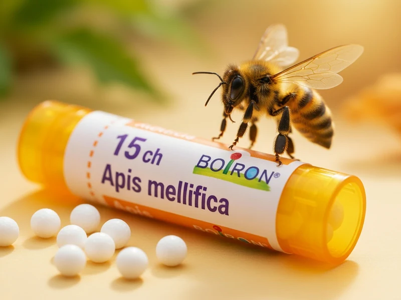 Une abeille perchée sur un tube de granules Apis mellifica avec des billes blanches à côté