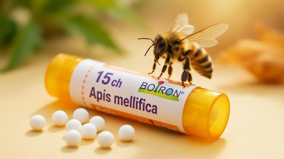 Une abeille perchée sur un tube de granules Apis mellifica avec des billes blanches à côté