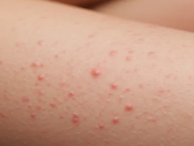 Gros plan d'une peau avec multiples petites papules rouges de kératose pilaire.