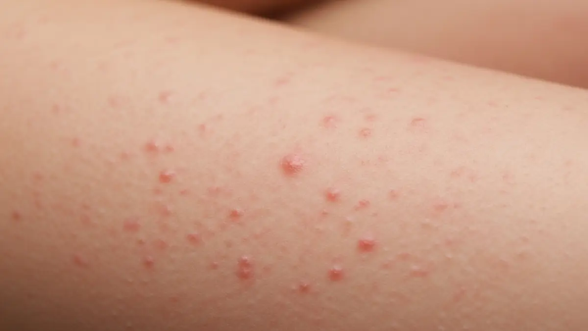 Gros plan d'une peau avec multiples petites papules rouges de kératose pilaire.