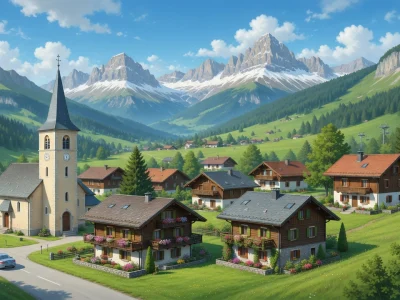 Le charmant village savoyard arrache La Frasse avec son église et ses chalets au pied des montagnes enneigées