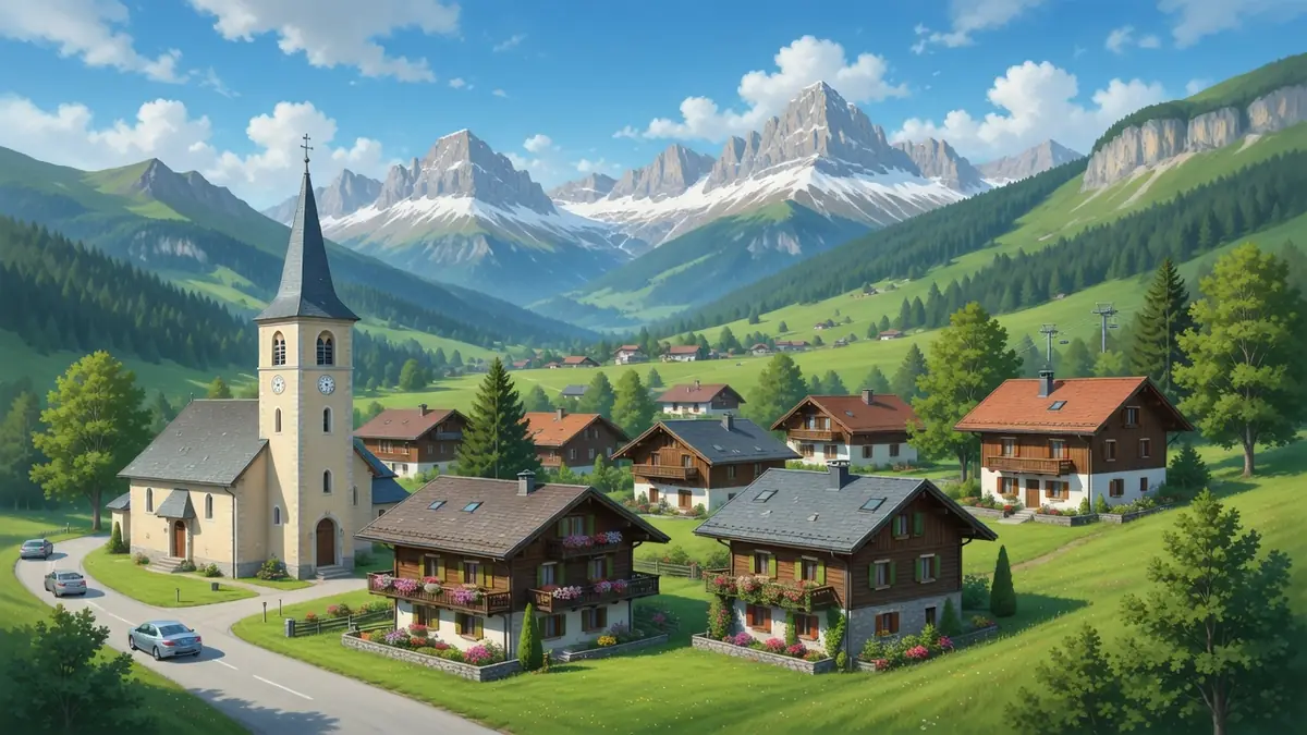 Le charmant village savoyard arrache La Frasse avec son église et ses chalets au pied des montagnes enneigées