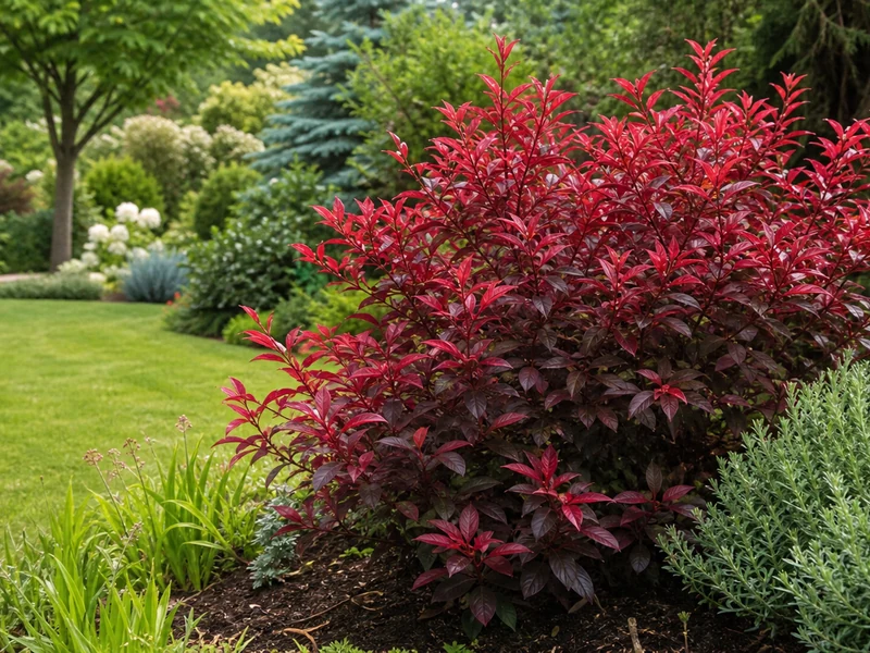 Un arbuste feuilles rouges structure un jardin paysager lumineux.