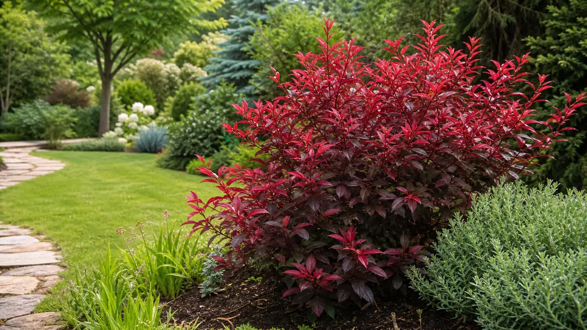 Un arbuste feuilles rouges structure un jardin paysager lumineux.