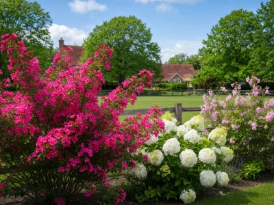 Magnifiques arbustes à fleurs roses et blancs dans un jardin verdoyant et ensoleillé