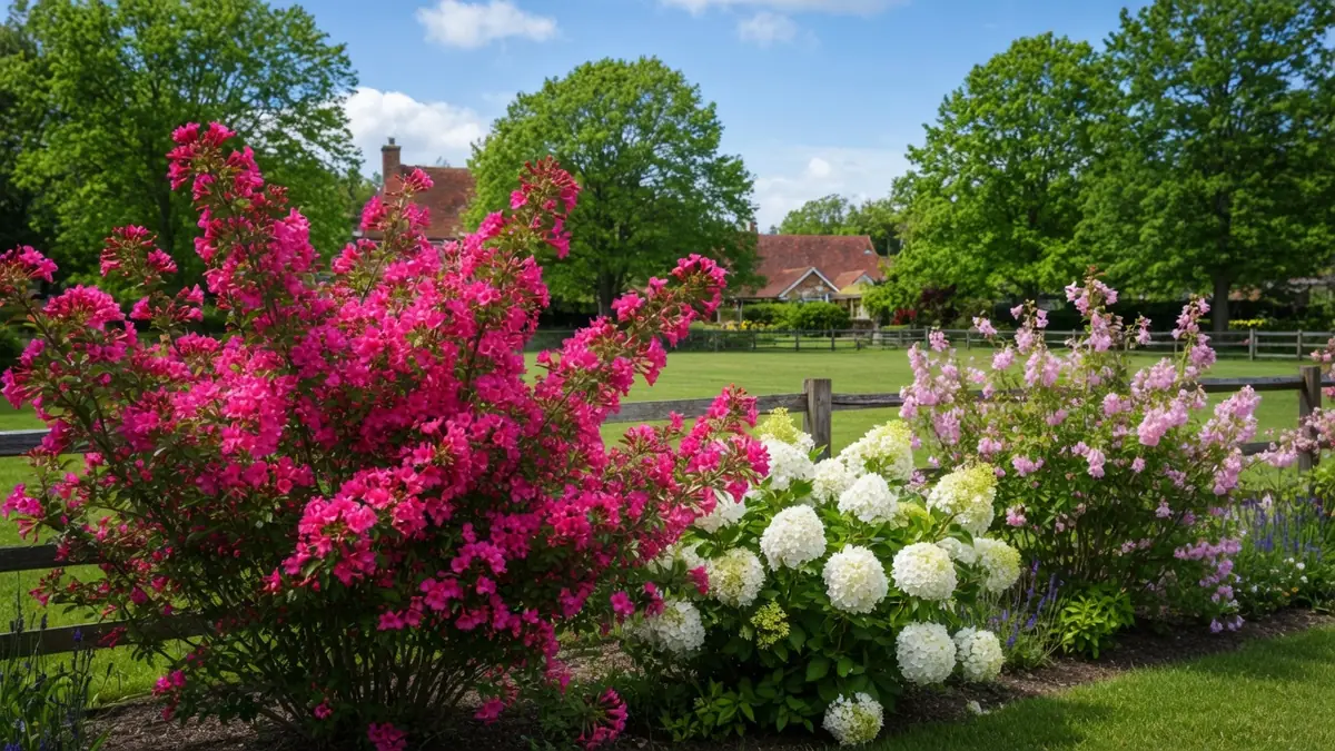 Magnifiques arbustes à fleurs roses et blancs dans un jardin verdoyant et ensoleillé