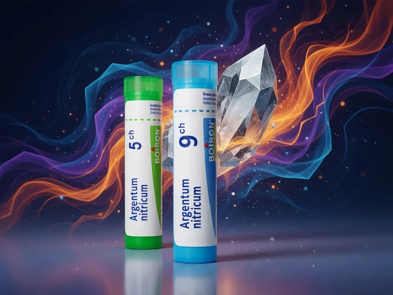 Deux tubes d'Argentum nitricum près d'un cristal sur fond aux volutes colorées