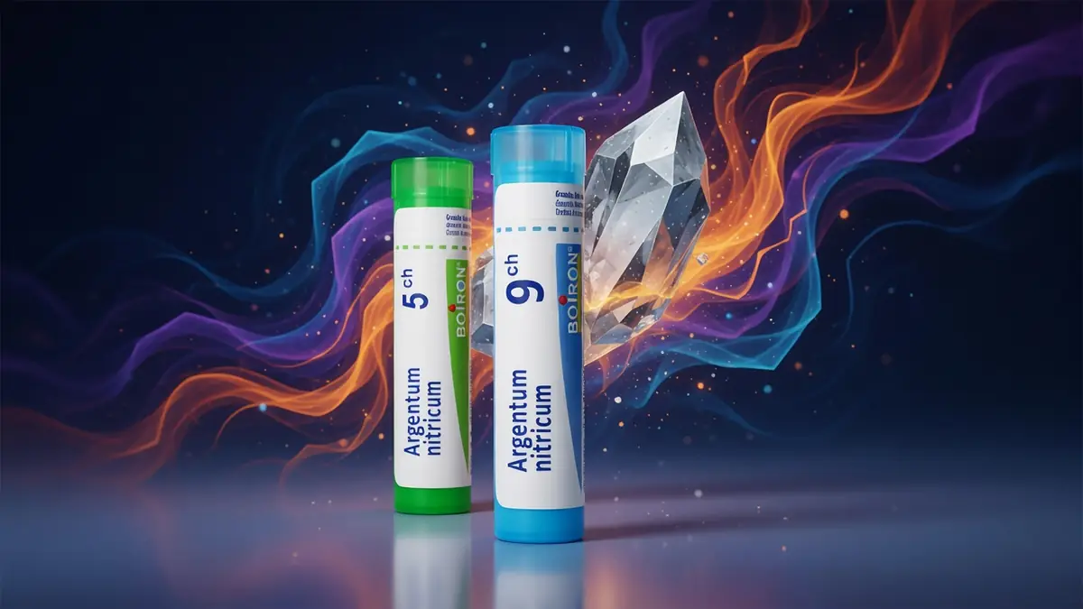Deux tubes d'Argentum nitricum près d'un cristal sur fond aux volutes colorées