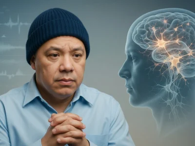 Portrait pensif d'Arnaud Toupense à côté d'une représentation graphique d'un cerveau humain en activité
