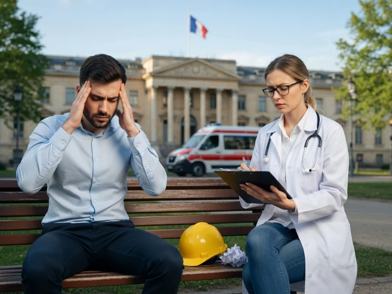 Une médecin examine un salarié stressé assis sur un banc pour un arrêt maladie