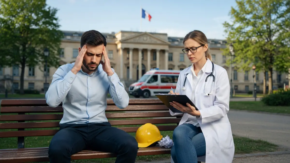 Une médecin examine un salarié stressé assis sur un banc pour un arrêt maladie