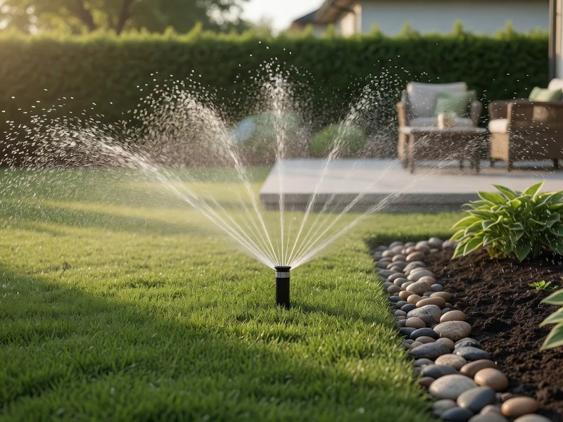 Irrigation de la pelouse au lever du jour avec un arroseur automatique sur un gazon dense