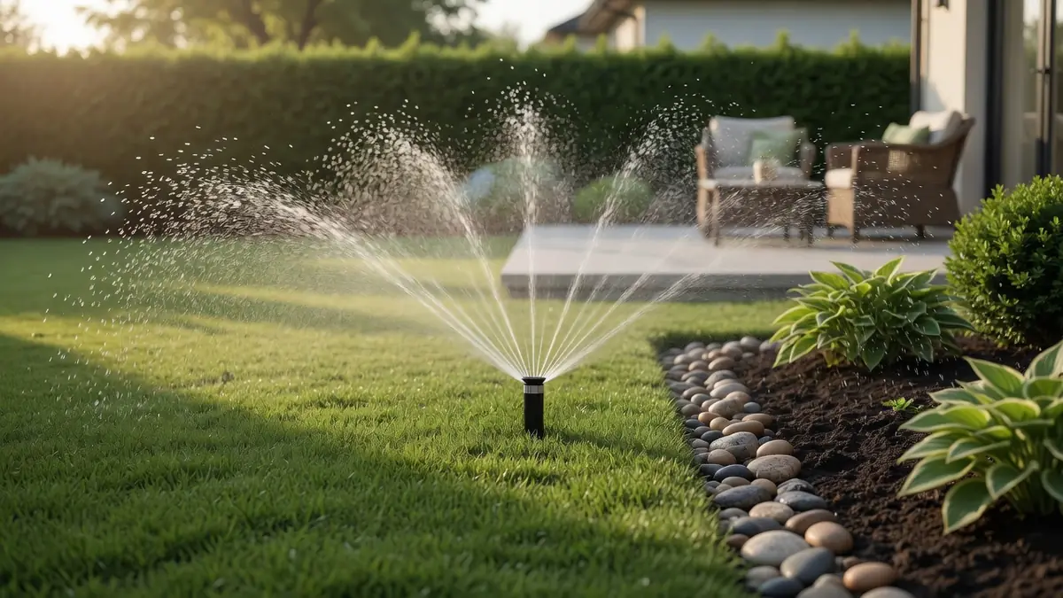 Irrigation de la pelouse au lever du jour avec un arroseur automatique sur un gazon dense
