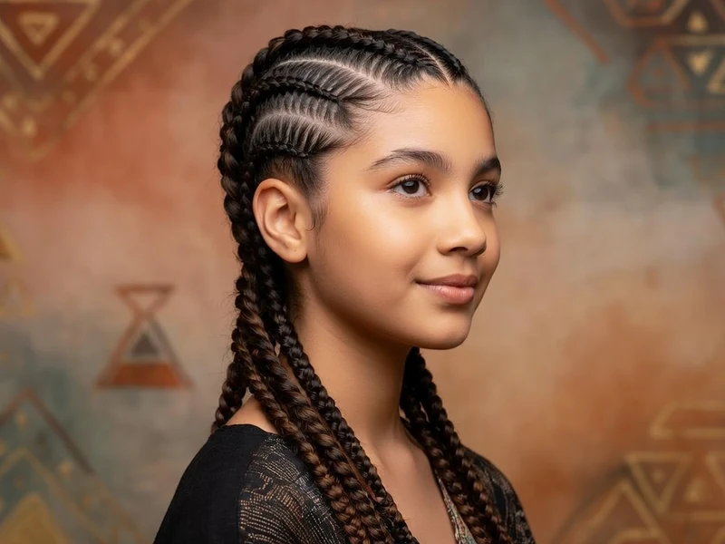 Une jeune fille arbore une tresse collée sur un fond aux motifs géométriques