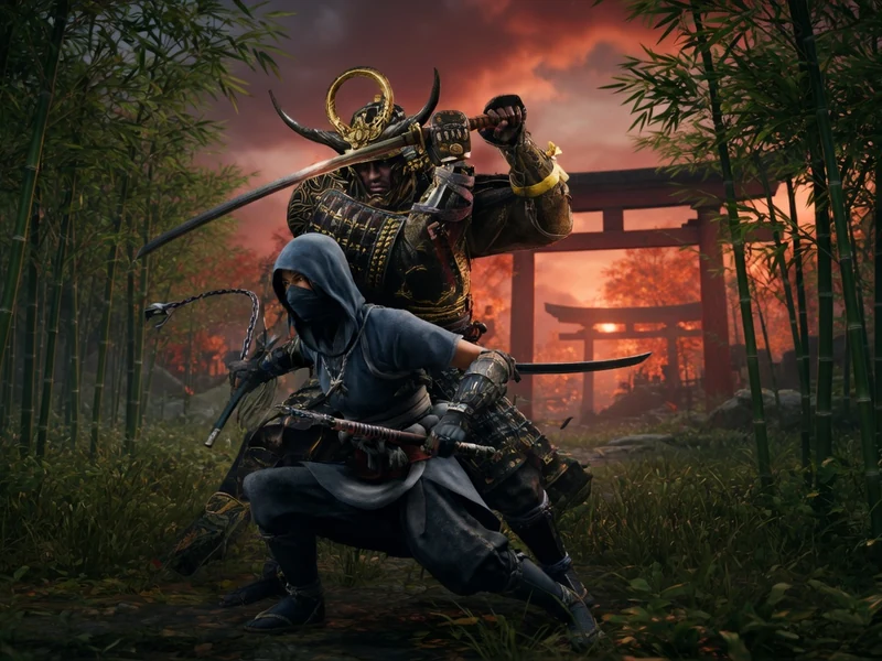 Un ninja accroupi et un samouraï dans une forêt de bambous pour Assassin's Creed Shadows soluce