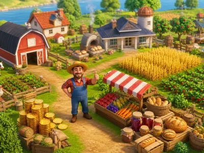 Ferme prospère illustrant une astuce Hay Day pour gagner plus de pièces.