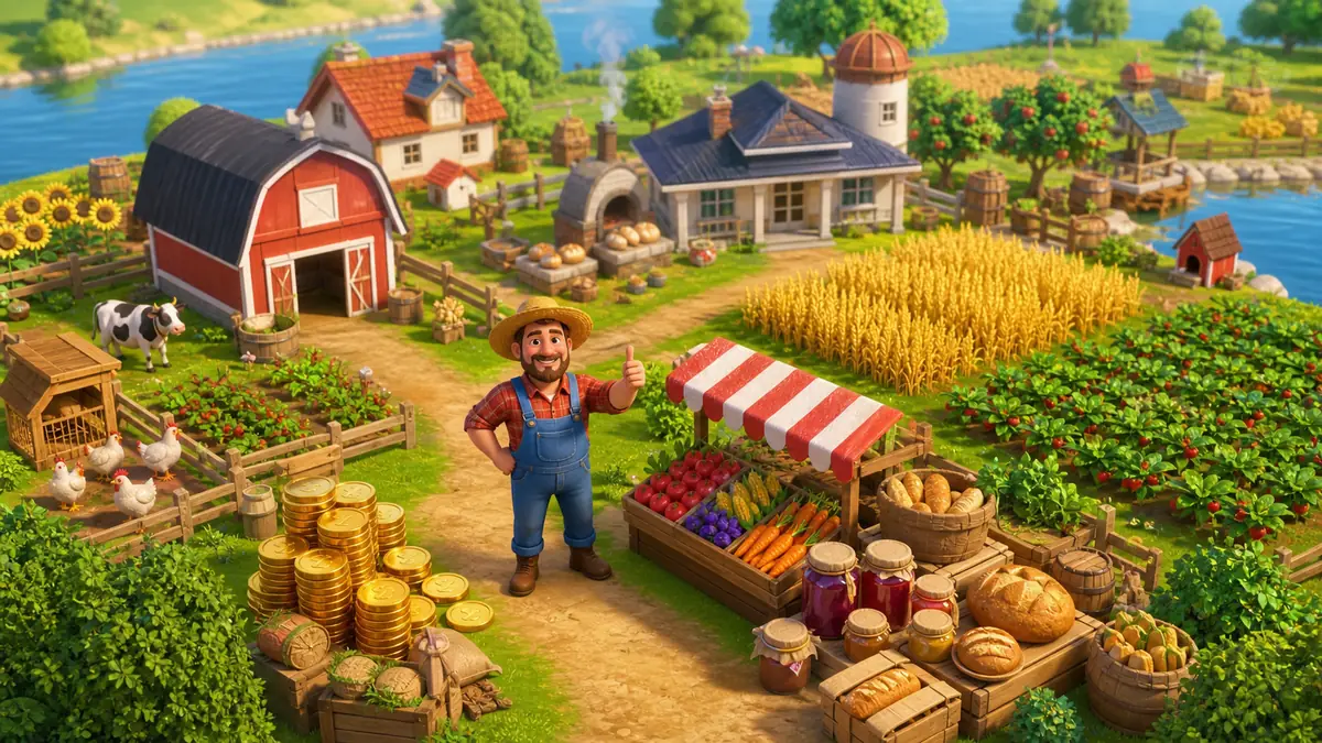 Ferme prospère illustrant une astuce Hay Day pour gagner plus de pièces.