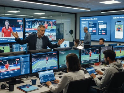Dans une salle de contrôle high-tech, l'Équipe en direct suit les matchs en temps réel sur de nombreux écrans