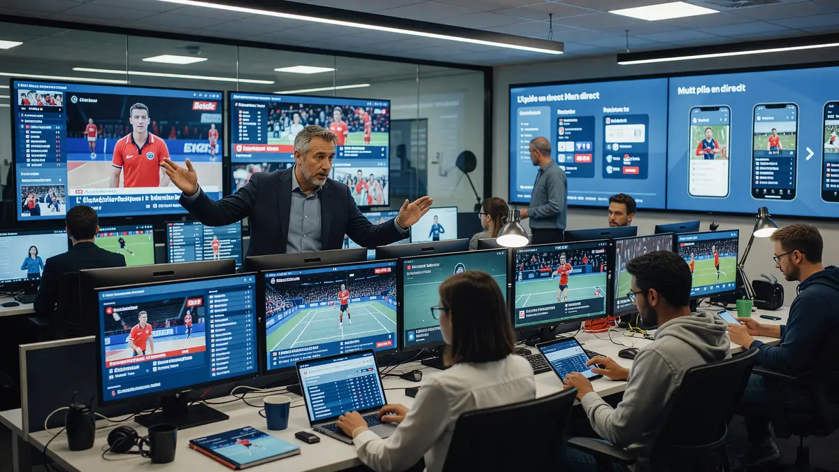 Dans une salle de contrôle high-tech, l'Équipe en direct suit les matchs en temps réel sur de nombreux écrans