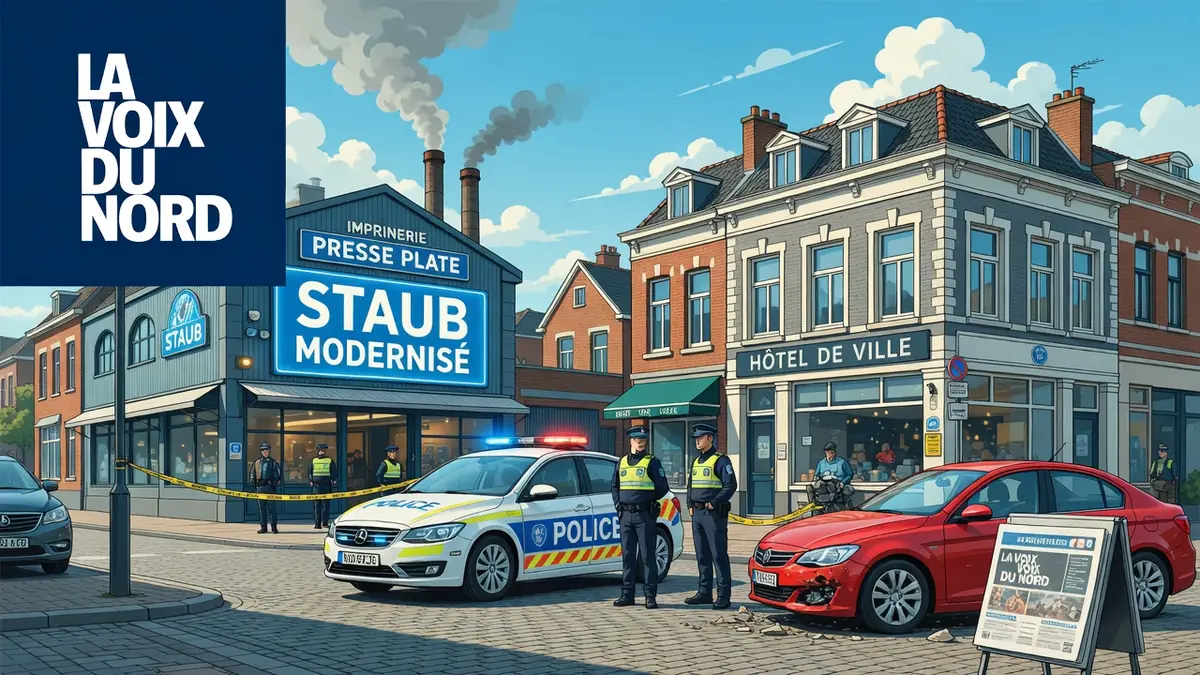 La Voix du Nord Hazebrouck illustre une scène avec policiers et voitures sur une place publique animée