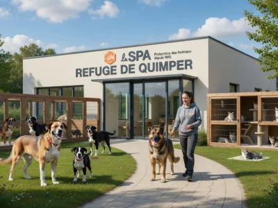 Une femme promène un chien au refuge de la société protectrice des animaux Quimper entourée d'animaux