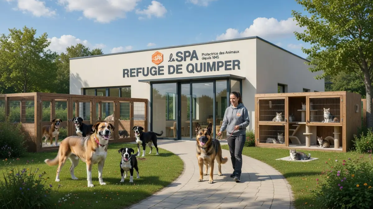 Une femme promène un chien au refuge de la société protectrice des animaux Quimper entourée d'animaux