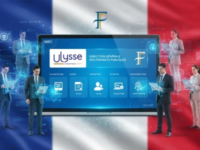 Un groupe de professionnels se tient devant le Ulysse portail DGFIP avec le drapeau français en fond