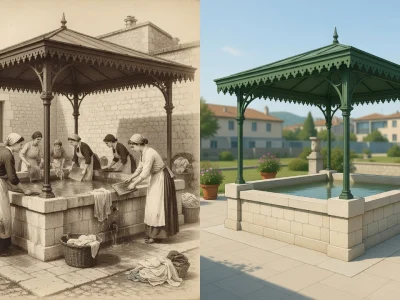 L'image juxtapose une illustration ancienne et une vue moderne d'anciens lavoirs